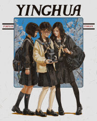 Rule 34 | 3girls, absurdres, arm at side, backpack, bag, black footwear, black pantyhose, black sailor collar, black serafuku, black shirt, black skirt, blunt bangs, bob cut, braid, brown cardigan, brown hair, camera, cardigan, cherry blossoms, faux traditional media, full body, glasses, highres, holding, holding camera, kneehighs, loafers, long hair, long sleeves, looking at another, multiple girls, open cardigan, open clothes, original, pantyhose, parted bangs, realistic, round eyewear, sailor collar, school bag, school uniform, serafuku, shirt, shoes, short hair, simple background, skirt, socks, twin braids, white background, xiaobanbei milk