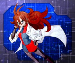 Rule 34 | 1girl, ahoge, android 21, blue eyes, breasts, brown hair, checkered clothes, checkered dress, coat, commentary request, detached sleeves, dragon ball, dragon ball fighterz, dress, earrings, glasses, hair between eyes, hand on own hip, hoop earrings, jewelry, lab coat, long hair, looking at viewer, medium breasts, messy hair, pantyhose, red ribbon army, solo, thewolfhart, white coat