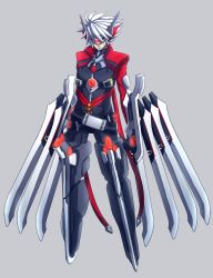 Rule 34 | 1boy, arc system works, arm blade, armor, belt, blade, blazblue, bodysuit, fusion, gloves, highres, if they mated, jacket, male focus, mecha danshi, ragna the bloodedge, ruuto (ruto3), silver hair, solo, sword, visor, weapon