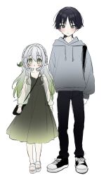 Rule 34 | 1boy, 1girl, alternate costume, alternate hairstyle, black footwear, black hair, black pants, blush, closed mouth, dress, full body, genshin impact, green eyes, green hair, grey hair, grey hoodie, hair between eyes, hair down, highres, hirarinoie, hood, hoodie, long hair, long sleeves, nahida (genshin impact), pants, parted lips, pointy ears, sandals, scaramouche (genshin impact), see-through, shoes, simple background, sketch, sneakers, standing, white background, white footwear