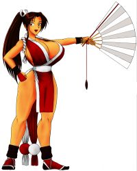 Rule 34 | 1girl, breasts, brown eyes, brown hair, cleavage, fan, fatal fury, feet, hair ribbon, highres, huge breasts, legs, long hair, open mouth, ponytail, ribbon, shiranui mai, smile, snk, the king of fighters, thick thighs, thighs, wide hips