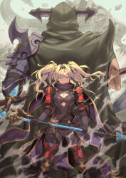 Rule 34 | 1boy, 1girl, armor, back-to-back, blonde hair, blue eyes, braid, breasts, cape, cleavage, gloves, granblue fantasy, hair intakes, hairband, highres, horns, large breasts, looking at viewer, polearm, red armor, shoulder armor, spear, standing, tekkai blade, twin braids, twintails, vaseraga, weapon, zeta (granblue fantasy)