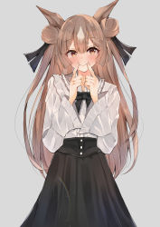 Rule 34 | 1girl, absurdres, alternate hairstyle, animal ears, black bow, black bowtie, black ribbon, black skirt, blush, bow, bowtie, brown eyes, brown hair, closed mouth, feet out of frame, fingers to mouth, grey background, hair ribbon, highres, horse ears, horse girl, long hair, long skirt, long sleeves, looking at viewer, ribbon, satesate4, satono diamond (umamusume), shirt, simple background, skirt, smile, solo, standing, umamusume, very long hair, white shirt