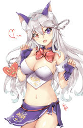 Rule 34 | 1girl, :d, animal ear fluff, animal ears, bare shoulders, blush, braid, breasts, cleavage, commentary request, crop top, english text, fangs, fingernails, gloves, groin, hair between eyes, hands up, head tilt, heart, heterochromia, highres, long hair, looking at viewer, medium breasts, midriff, nail polish, navel, open mouth, partially fingerless gloves, purple eyes, purple gloves, purple skirt, red eyes, red nails, silver hair, simple background, sirius (warship girls r), skirt, smile, solo, twin braids, very long hair, warship girls r, white background, zhudacaimiao