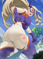 Rule 34 | 1girl, absurdres, ass, ass focus, back, blonde hair, bodysuit, boku no hero academia, breasts, bright pupils, domino mask, from behind, giant, giantess, gloves, highres, horns, huge ass, koyap, large breasts, long hair, looking at viewer, looking back, mask, mount lady, open mouth, pantylines, red eyes, solo, superhero costume, thick thighs, thighs