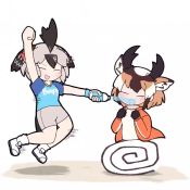 Rule 34 | 2girls, animal ear fluff, animal ears, animated, arm up, bare arms, bird tail, bird wings, bottle, cheering, closed eyes, commentary, drink, drinking, facing another, flapping, floating, gloves, greater roadrunner (kemono friends), head wings, holding, horns, jacket, kemono friends, kemono friends 2, multiple girls, open mouth, pronghorn (kemono friends), running, shirt, short sleeves, shorts, simple background, smile, t-shirt, tail, taro (tontaro), video, water, wheel o feet, white background, wings