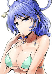 Rule 34 | 1girl, :/, alternate costume, bikini, blue eyes, blue hair, breasts, cleavage, closed mouth, collarbone, commentary request, drill hair, green bikini, hair ornament, hair rings, hair stick, halterneck, halterneck, highres, kaku seiga, large breasts, looking at viewer, micro bikini, nail polish, purple nails, solo, swimsuit, touhou, twin drills, underboob, upper body, white background, y2