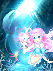 Rule 34 | 1girl, 1other, :d, air bubble, bare shoulders, blue eyes, blush, bracelet, breasts, bubble, commentary, coral, crop top, fins, full body, hair ornament, head fins, jewelry, kinoshita idea, kururun (precure), laura (precure), light rays, long hair, looking at another, medium breasts, mermaid, midriff, monster girl, navel, necklace, open mouth, pearl hair ornament, pearl necklace, pink hair, precure, shirt, sidelocks, sleeveless, sleeveless shirt, smile, solo focus, split tail, tropical-rouge! precure, underwater, white shirt