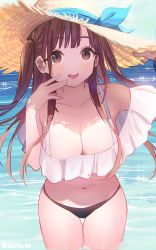 Rule 34 | 1girl, :d, bad id, bad pixiv id, bare shoulders, bikini, black bikini, breasts, brown eyes, brown hair, brown hat, cleavage, collarbone, day, hand up, hat, highres, idolmaster, idolmaster shiny colors, kuri choko, large breasts, long hair, looking at viewer, mismatched bikini, navel, off shoulder, open mouth, outdoors, smile, solo, sonoda chiyoko, stomach, straw hat, swimsuit, thighs, two side up, wading, water, white bikini