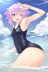 Rule 34 | 1girl, armpits, ass, blush, breasts, choujigen game neptune, covered navel, cowboy shot, d-pad, d-pad hair ornament, day, dura, female focus, hair ornament, hairclip, highres, looking at viewer, neptune (neptunia), neptune (series), one-piece swimsuit, one eye closed, open mouth, outdoors, purple eyes, purple hair, short hair, short hair with long locks, small breasts, smile, solo, swimsuit, thighs