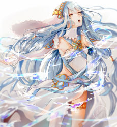 Rule 34 | 1girl, azura (fire emblem), bare shoulders, blue hair, dress, elbow gloves, fire emblem, fire emblem fates, gloves, hair ornament, jewelry, long hair, looking at viewer, music, necklace, nekoichu, nintendo, open mouth, simple background, singing, water, white background, yellow eyes