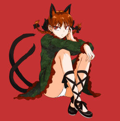 Rule 34 | 1girl, animal ears, braid, cat ears, cat girl, cat tail, cross-laced footwear, extra ears, eyeshadow, face, female focus, frown, kaenbyou rin, leg ribbon, makeup, multiple tails, no socks, panties, red background, red eyes, red hair, ribbon, short hair, simple background, sitting, solo, tail, touhou, tsurime, tsurui, twin braids, twintails, underwear, white panties