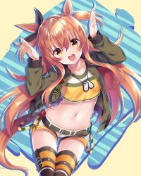 Rule 34 | 1girl, :d, animal ears, belt, black ribbon, bow, commentary request, dog tags, ear ribbon, green jacket, hands up, horse ears, horse girl, horse tail, jacket, long hair, long sleeves, looking at viewer, mayano top gun (umamusume), midriff, navel, open mouth, orange eyes, orange hair, ribbon, sasorigatame, shirt, smile, solo, striped clothes, striped thighhighs, tail, thighhighs, umamusume, white shirt