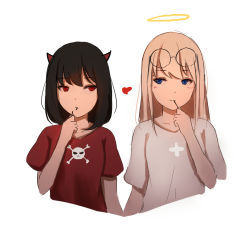Rule 34 | 2girls, angel and devil, black hair, blonde hair, blue eyes, blush, closed mouth, collarbone, cropped torso, demon horns, eye contact, eyewear on head, food, food in mouth, glasses, hair between eyes, halo, holding, holding food, horns, long hair, looking at another, looking to the side, multiple girls, original, pocky, red eyes, red shirt, round eyewear, shimmer, shirt, short sleeves, simple background, skull and crossbones, smile, white background, white shirt