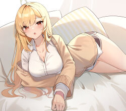 Rule 34 | 1girl, absurdres, ahoge, black shorts, blonde hair, breasts, brown jacket, cleavage, collared shirt, dolphin shorts, dress shirt, hair ornament, hairclip, highres, jacket, jingburger, large breasts, long hair, long sleeves, looking at viewer, lying, off shoulder, on side, open clothes, open jacket, open mouth, red eyes, shirt, short shorts, shorts, solo, thighs, virtual youtuber, waktaverse, white shirt, ziro (zirorong)