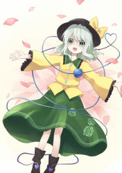 Rule 34 | 1girl, blush, boots, eyeball, floral print, green eyes, green hair, hat, hat ribbon, heart, heart-shaped pupils, heart of string, komeiji koishi, long sleeves, lunalight-dg, matching hair/eyes, open mouth, outstretched arms, petals, ribbon, short hair, skirt, smile, solo, symbol-shaped pupils, third eye, touhou, wide sleeves