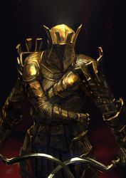 Rule 34 | 1boy, armor, black background, breastplate, cowboy shot, dark souls (series), dark souls i, dual wielding, facing viewer, faulds, full armor, gauntlets, gold armor, helmet, highres, holding, holding weapon, knight, knight lautrec of carim, light particles, male focus, mrpk, pauldrons, red background, shotel, shoulder armor, signature, solo, standing, sword, two-tone background, weapon