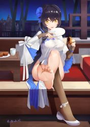 Rule 34 | 1girl, barefoot, black hair, chinese clothes, covered erect nipples, crossed legs, feet, girls&#039; frontline, hair ornament, highres, long hair, looking at viewer, mole, mole under eye, parted lips, see-through, see-through legwear, shoes, single shoe, single sock, sitting, socks, soles, thighs, toes, type 95 (girls&#039; frontline), type 95 (narcissus) (girls&#039; frontline), yellow eyes