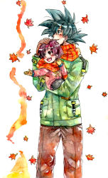 Rule 34 | 1boy, 1girl, :d, ake (ake54), black eyes, black hair, dragon ball, dragonball z, gloves, grandfather and granddaughter, hand on another&#039;s head, happy, leaf, looking up, open mouth, pan (dragon ball), scarf, short hair, smile, son goku, spiked hair, traditional media, watercolor pencil (medium), winter clothes