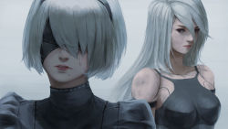 Rule 34 | 2girls, allen hsieh, arms at sides, bare shoulders, black blindfold, black dress, black hairband, blindfold, breasts, covered eyes, crying, dress, facing viewer, grey hair, hair between eyes, hairband, highres, lips, long bangs, long hair, looking at viewer, medium breasts, mole, mole under mouth, multiple girls, nier:automata, nier (series), parted lips, portrait, puffy sleeves, short hair, tears, turtleneck, 2b (nier:automata), a2 (nier:automata)