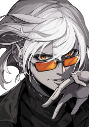 Rule 34 | 1girl, ear piercing, earrings, fingernails, glasses, hand up, highres, jacket, jewelry, limited palette, looking at viewer, looking over eyewear, looking over glasses, mole, mole under eye, orange-tinted eyewear, orange-tinted glasses, orange eyes, original, parted lips, piercing, pokimari, simple background, smile, solo, spot color, sunglasses, sweater, tinted eyewear, upper body, white background, white hair