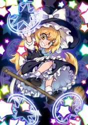 Rule 34 | 1girl, apron, black footwear, black hat, black skirt, black vest, blonde hair, blouse, blue background, bow, broom, broom surfing, buttons, chibi, commentary request, danmaku, frilled skirt, frills, from below, full body, glowing, grin, hair between eyes, hair bow, has bad revision, has downscaled revision, hat, hat bow, highres, ifelt (tamaki zutama), index finger raised, kirisame marisa, long hair, looking at viewer, magic circle, md5 mismatch, puffy short sleeves, puffy sleeves, red bow, resolution mismatch, shirt, shoes, short sleeves, skirt, skirt set, smile, socks, solo, source smaller, star (symbol), touhou, very long hair, vest, waist apron, white bow, white shirt, white socks, witch hat, yellow eyes
