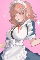 1girl absurdres apron breasts danganronpa_(series) danganronpa_2:_goodbye_despair dress galaga hair_ornament highres looking_at_viewer maid maid_apron maid_headdress medium_hair nanami_chiaki open_mouth pink_eyes puffy_short_sleeves puffy_sleeves short_sleeves solo