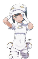 Rule 34 | 10s, 1girl, 2016, ;), aether foundation employee, aether foundation employee (female), bag, black hair, breasts, brown eyes, creatures (company), dated, game freak, gloves, hat, holding, holding clothes, holding hat, kanya pyi, looking at viewer, nintendo, npc trainer, one eye closed, pantyhose, pokemon, pokemon sm, short hair, short sleeves, smile, solo, unitard, white background, white gloves, white hat, white pantyhose