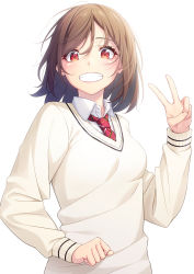 Rule 34 | 1girl, :d, absurdres, blush, breasts, brown hair, commentary request, grin, hand up, highres, long sleeves, looking at viewer, necktie, ochiai miyabi, open mouth, original, red eyes, red necktie, short hair, simple background, small breasts, smile, solo, striped necktie, striped neckwear, sweater, swept bangs, teeth, upper body, v, white background, white sweater, wing collar