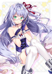 Rule 34 | 1girl, :o, azur lane, conductor baton, blue hair, blush, breasts, capelet, choker, cleavage, collarbone, commentary request, cross, cross choker, curly hair, feet out of frame, frilled gloves, frills, garter straps, glasses, gloves, green eyes, hair ornament, hair ribbon, high heels, holding, l&#039;opiniatre (azur lane), long hair, looking at viewer, miniskirt, one side up, purple-framed eyewear, purple gloves, purple hair, red ribbon, ribbon, riichu, rudder footwear, semi-rimless eyewear, side ponytail, sidelocks, skirt, sleeveless, small breasts, solo, thighhighs, very long hair, white skirt, white thighhighs