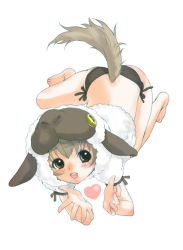 Rule 34 | 1girl, all fours, animal ears, blush, brown eyes, copyright request, female focus, full body, grey hair, heart, inuburo, monster girl, panties, sheep girl, sheepgirl, side-tie panties, simple background, solo, tail, underwear, white background, wolf ears