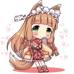 Rule 34 | 1girl, animal ears, blunt bangs, blush, boots, character request, closed mouth, commentary request, fox ears, fox girl, fox tail, green eyes, hair ornament, heart, heart in eye, heart in mouth, highres, japanese clothes, kimono, light brown hair, long hair, long sleeves, nyano21, pink footwear, princess connect!, red kimono, signature, sleeves past wrists, smile, socks, solo, split mouth, symbol in eye, tail, very long hair, white background, white socks, wide sleeves