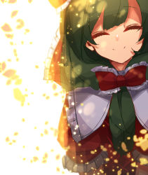 Rule 34 | 1girl, ^ ^, bow, dress, closed eyes, frilled shirt collar, frills, front ponytail, green hair, hair bow, kagiyama hina, light particles, looking at viewer, peach camellia, red bow, red dress, smile, solo, touhou, upper body