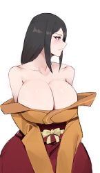 Rule 34 | 1girl, artist request, black hair, blush, breasts, cleavage, huge breasts, hyuuga hanabi, japanese clothes, long hair, looking to the side, naruto (series), purple hair, solo, wide hips