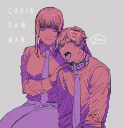 Rule 34 | 1boy, 1girl, animal collar, black necktie, black pants, braid, braided ponytail, breasts, business suit, chainsaw man, collar, collared shirt, denji (chainsaw man), domination, femdom, formal, hair between eyes, hand on another&#039;s head, hand on another&#039;s shoulder, hetero, highres, kanikan 22, light smile, long hair, long sleeves, looking at viewer, makima (chainsaw man), medium breasts, necktie, pants, ringed eyes, sharp teeth, shirt, shirt tucked in, short hair, sitting, slave, sleeves pushed up, sleeves rolled up, smile, suit, taking picture, teeth, thick thighs, thighs, tongue, tongue out, white shirt