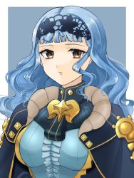 Rule 34 | 1girl, alternate hairstyle, black hairband, blue background, blue cape, blue dress, blue hair, blunt bangs, border, breasts, brown eyes, cape, center frills, dress, fire emblem, fire emblem: three houses, fire emblem warriors: three hopes, frills, gau fe, hairband, highres, lace-trimmed hairband, lace trim, large breasts, long hair, looking at viewer, marianne von edmund, nintendo, official alternate costume, official alternate hairstyle, outside border, parted lips, simple background, solo, upper body, wavy hair, white border