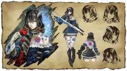 Rule 34 | 1girl, black hair, bloodstained: ritual of the night, blue eyes, brown hair, concept art, detached sleeves, closed eyes, flower, gauntlets, gradient hair, hair between eyes, hair ornament, highres, miriam (bloodstained), multicolored hair, multiple views, natsume yuji, official art, pale skin, rose, short hair, smile, stained glass, sword, turnaround, weapon