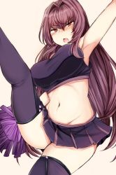Rule 34 | 1girl, armpits, blush, breasts, cheerleader, fate/grand order, fate (series), has bad revision, has lossy revision, highres, jirou (tamaho39), large breasts, midriff, miniskirt, navel, open mouth, pleated skirt, pom pom (cheerleading), purple hair, purple thighhighs, red eyes, scathach (fate), simple background, skirt, solo, thighhighs