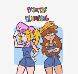 Rule 34 | 2girls, belt, blonde hair, blue eyes, breasts, brown hair, crossed arms, gloves, grin, hand on own hip, hat, highres, long hair, mario (series), multiple girls, nintendo, one eye closed, overalls, ponytail, princess daisy, princess peach, shorts, smile, standing, super mario bros. 1, tomboy