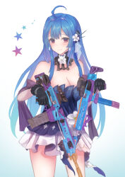 Rule 34 | 1girl, absurdres, ahoge, assault rifle, azur lane, bare shoulders, black gloves, blue dress, blue eyes, breasts, cleavage, cowboy shot, detached collar, dress, flower, gloves, gun, hair flower, hair ornament, helena (azur lane), helena (may i have this dance?) (azur lane), highres, holding, holding gun, holding weapon, large breasts, martinreaction, official alternate costume, rifle, simple background, solo, strapless, strapless dress, weapon, white background, white dress, white flower