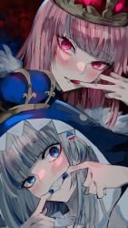 Rule 34 | 2girls, absurdres, animal hood, behind another, blue eyes, blue nails, blush, crown, finger in own mouth, finger to mouth, gawr gura, grin, hair ornament, highres, hololive, hololive english, hood, king (vocaloid), mori calliope, multiple girls, nail polish, pink eyes, pink hair, rin (rin7kan7), shark hair ornament, shark hood, sharp teeth, smile, teeth, virtual youtuber, vocaloid, white hair