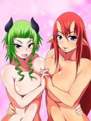 Rule 34 | 2girls, breasts, green hair, large breasts, multiple girls, pointy ears, red hair, revolver (titin), smile