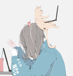 Rule 34 | 1girl, absurdres, animal focus, artist name, blue sweater, brown hair, cat, computer, crossed legs, cup, drinking straw, from side, grey background, highres, holding, holding laptop, laptop, long bangs, long hair, long sleeves, looking down, nocopyrightgirl, original, pale skin, puffy sleeves, simple background, sitting, sitting on head, sitting on person, solo, sweater, table, undersized object, upper body