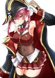 Rule 34 | 1girl, :q, arm up, armpits, ascot, belt, bicorne, black coat, black hat, black thighhighs, breasts, brooch, brown belt, cleavage, coat, commentary request, covered navel, crop top, gloves, hair ribbon, hat, heterochromia, highres, hololive, houshou marine, jewelry, large breasts, long hair, long sleeves, miniskirt, off shoulder, pleated skirt, red ascot, red eyes, red hair, red ribbon, red shirt, red skirt, ribbon, see-through, see-through cleavage, shirt, simple background, skirt, sleeveless, sleeveless shirt, solo, thighhighs, thighs, tongue, tongue out, v, virtual youtuber, watarase piro, white background, white gloves, yellow eyes, zettai ryouiki