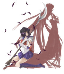 Rule 34 | 1990s (style), 1girl, bishoujo senshi sailor moon, black feathers, black hair, bob cut, boots, bow, brooch, brown bow, choker, elbow gloves, feathers, full body, gloves, holding, holding polearm, holding spear, holding weapon, knee boots, kneeling, magical girl, mistress 9, nako, nako (nonrain), over shoulder, polearm, purple footwear, purple skirt, retro artstyle, sailor saturn, shadow, short hair, silence glaive, silhouette, skirt, solo, spear, staff, star brooch, tiara, tomoe hotaru, weapon, weapon over shoulder, white gloves