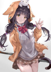 1girl absurdres animal animal_ear_hood animal_ears animal_on_head arms_behind_back asakura_karen_(heaven_burns_red) black_hair blunt_bangs blush bow brown_skirt cardigan cat cat_ears cat_on_head cat_tail closed_mouth commentary_request cowboy_shot fake_animal_ears floating_hair grey_sweater_vest hand_up happy heaven_burns_red highres hood hood_up long_sleeves looking_at_viewer low_twintails miniskirt no53_(pixiv_77486930) on_head orange_cardigan orange_eyes plaid_clothes plaid_skirt pleated_skirt red_bow school_uniform simple_background sketch skirt sleeves_past_wrists smile solo sweater_vest tail tsurime twintails waving white_background white_cat