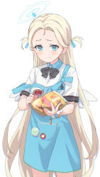 Rule 34 | 1girl, apron, bag, bag of chips, barcode scanner, black bow, black bowtie, blonde hair, blue apron, blue archive, blue eyes, blush, bow, bowtie, closed mouth, collared shirt, commentary request, cowboy shot, forehead, halo, highres, holding, holding bag, holding scanner, karahai (31448823), long hair, looking down, mini wings, parted bangs, polo shirt, scrunchie, shirt, short sleeves, simple background, solo, sora (blue archive), strap slip, very long hair, white background, white shirt, white wings, wings, wrist scrunchie