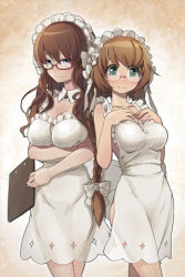 Rule 34 | 2girls, apron, blunt bangs, blush, braid, breasts, brown hair, chief maid, cleavage, clipboard, frills, glasses, green eyes, large breasts, long hair, lowres, maid, maid apron, maid headdress, mop maid, multiple girls, naked apron, sepia background, short hair, sword girls