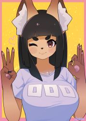 Rule 34 | 1girl, animal ear fluff, animal ears, black hair, blue shirt, blunt ends, blush stickers, border, female focus, fox ears, fox girl, furry, furry female, highres, hime cut, komena (ryuusui arumo), looking at viewer, one eye closed, original, outside border, pawpads, pink border, portrait, ryuusui arumo, shirt, signature, smile, solo, thick eyebrows, upper body, yellow background