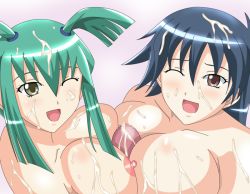 Rule 34 | 2girls, aged up, black hair, blush, breasts, brown eyes, censored, cooperative paizuri, covered erect nipples, cum, cum on body, cum on breasts, cum on upper body, disembodied penis, facial, green eyes, green hair, large breasts, luca (yu-gi-oh!), multiple girls, nipples, nude, one eye closed, open mouth, paizuri, penis, prede, saotome rei, shounen jump, smile, time paradox, wink, yu-gi-oh!, yu-gi-oh! 5d&#039;s, yu-gi-oh! duel monsters gx, yu-gi-oh! gx